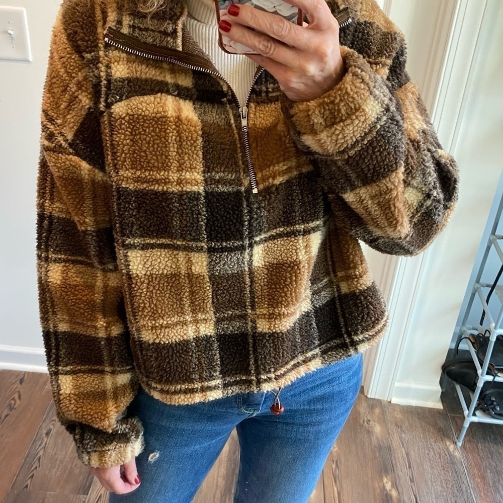 Cozy Brown Fleece Cropped Top Pullover Cozy Drawstring Size Large